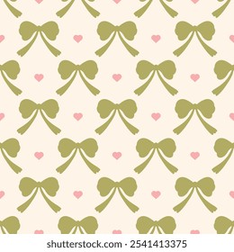 Cintas de coqueta verde inconsútil con el patrón de los corazones en un fondo beige suave. para las impresiones, papel de embalaje, Fondo de pantalla, materia textil, estacionario, tela  