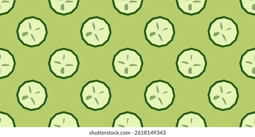 Seamless Green Cucumber Slice Pattern. A seamless vector pattern with stylized cucumber slices on a green background, featuring a flat and minimal illustration style.