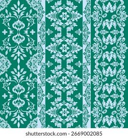 Patrón de damasco verde sin costuras Rayas ornamentales de Antiguas