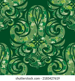 Seamless green damask pattern. Rich ornament with foliage texture old Damascus style ornament for wallpapers, textile, packaging, design of luxury products Vector Illustration