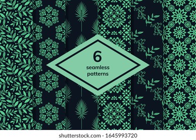 Seamless green decorative vector patterns set