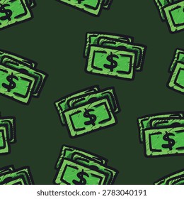 Seamless green dollar bill pattern on dark green background. Bold money repeat design perfect for finance branding, packaging, and playful merchandise.