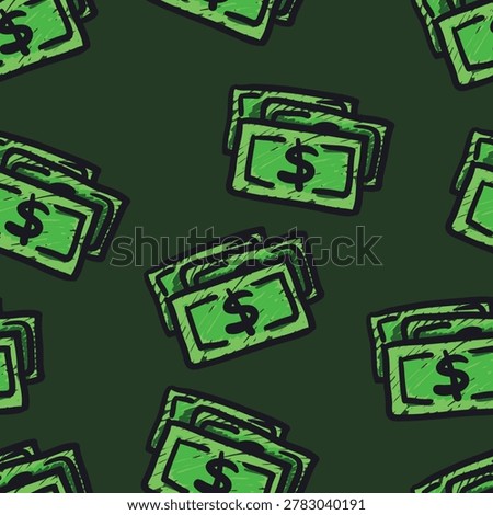 Seamless green dollar bill pattern on dark green background. Bold money repeat design perfect for finance branding, packaging, and playful merchandise.