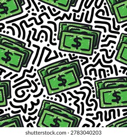 Seamless green dollar pattern with abstract doodles. Fun finance repeat design ideal for fabric prints, packaging, branding, and money-themed merchandise.