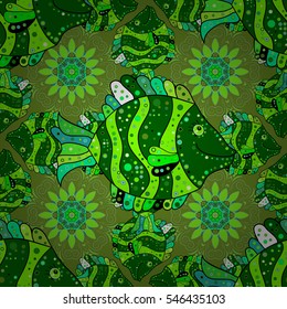 Seamless green doodles and petal flowers pattern. Vector illustration. Green doodles fishes. Radial gradient shape.