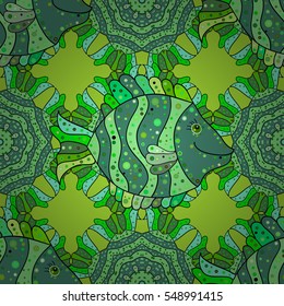 Seamless green doodles and petal flowers pattern. Vector illustration. Green doodles fishes. Radial gradient shape.