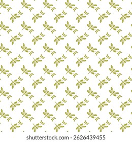 Seamless Green Dragonfly Pattern with Simple Insect Motifs on White Background