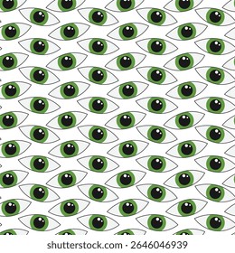 Seamless green eye pattern with bold vision and black pupils for background