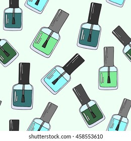 Seamless green fashion vector pattern with hand drawn nail polish illustrations