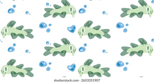 Seamless Green Fish Bubbles Pattern. Seamless pattern with green cartoon fish and blue bubbles on white background. Flat marine design with playful underwater mood and soft colors.