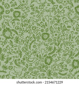 Seamless green flora and fauna pattern