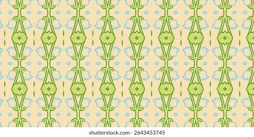 Seamless green floral Art Nouveau pattern with blue cloud motifs on a beige background. Ideal for fabric, wallpaper, or vintage design. Keywords: seamless, floral, vintage.