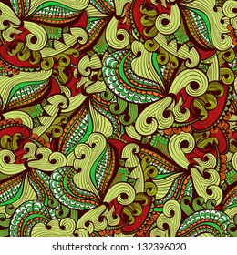Seamless green floral background with fantasy flowers and swirls