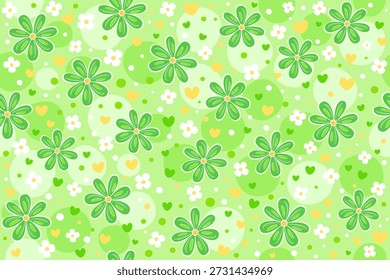 Patrón floral verde sin costuras con margaritas, corazones y lunares