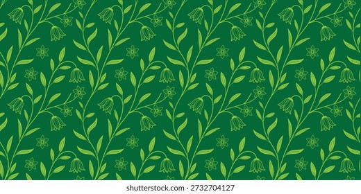 Padrão floral verde sem costura com folhas delicadas e pequenas flores em um fundo verde escuro. Design botânico de repetição elegante ideal para papel de parede, tecido, papelaria e embalagem. Textura de folhas naturais para projetos modernos, orgânicos e ecológicos.