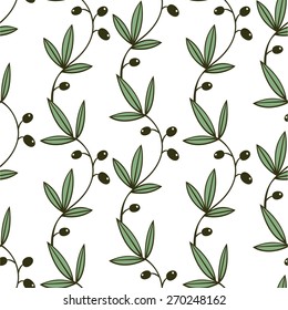 Seamless Green Floral Pattern With Olive Branches Garlands on White Background
