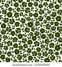 Seamless green floral pattern with small flowers and leaves. Ditsy floral pattern. Vector seamless print. Hand-drawn illustration, not AI