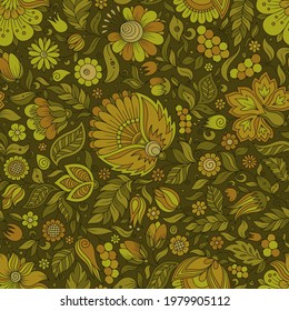 Seamless green floral pattern, springsummer backdrop. Hand drawn surface design with flowers in garden. Can be used for wallpapers, pattern fills, surface textures.