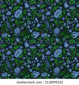 Seamless green floral pattern, springsummer backdrop. Hand drawn surface design with flowers in garden. Can be used for wallpapers, pattern fills, surface textures.