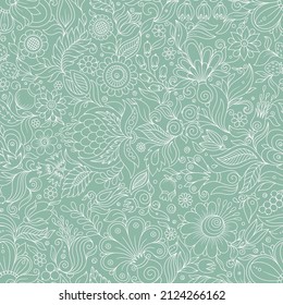 Seamless green floral pattern, springsummer backdrop. Hand drawn surface design with flowers in garden. Can be used for wallpapers, pattern fills, surface textures.