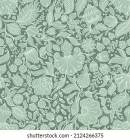 Patrón floral verde sin foco, telón de fondo veraniego de primavera. Diseño de superficie dibujado a mano con flores en el jardín. Se puede usar para papeles pintados, rellenos de patrones, texturas superficiales.