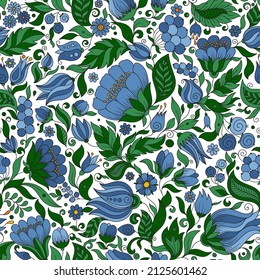 Nahtlose grüne Blütenmuster, frühlingshafte Sommerkulisse. Handgezeichnete Oberflächengestaltung mit Blumen im Garten. Kann für Wallpaper, Musterfüllungen, Oberflächentexturen verwendet werden.