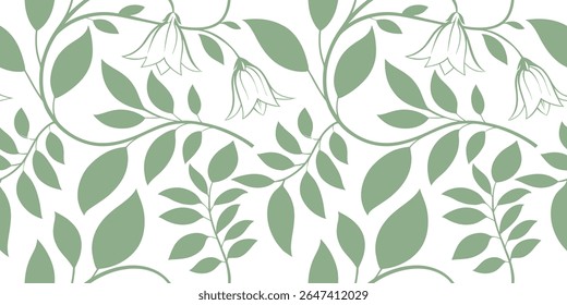 Seamless green floral pattern with stylized leaves and hanging bell-shaped flowers on a white background. Perfect for eco-friendly designs, packaging, and fabric. Elegant botanical vector layout.
