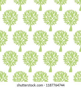 Seamless green floral pattern with trees. Repeating green wood texture on a white background. Perfect for printing on fabric or paper. 