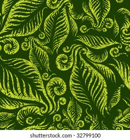 Seamless green floral pattern with twirled grunge fern leafs (From my big "Seamless collection")