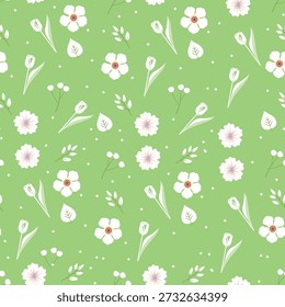 Modelo floral verde inconsútil con los tulipanes blancos y las flores silvestres para el fondo de la primavera y el diseño de la tela