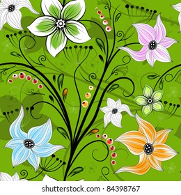 Seamless green floral wallpaper with colorful flowers and curls (vector)
