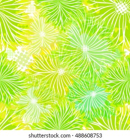 Seamless green flowers background from blots. Vector