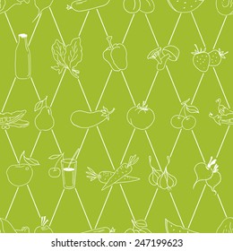Seamless green food pattern. Fruits and vegetables