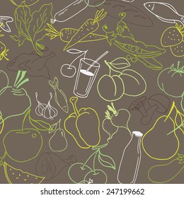 Seamless green food pattern. Fruits and vegetables