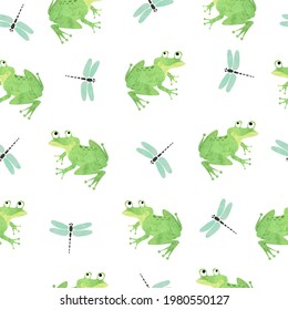 Seamless green frog pattern. Vector watercolor illustration with frogs and dragonflies.