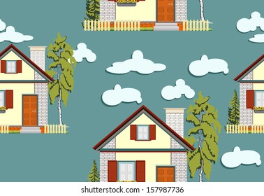 Seamless green garden with house and fence background pattern in vector
