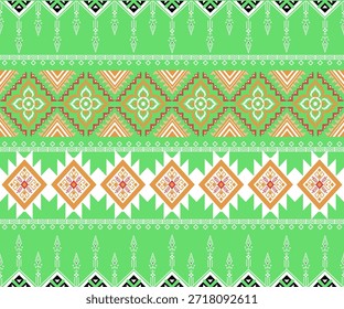A seamless green geometric ethnic pattern featuring ornamental motifs and symmetrical shapes, ideal for digital products, textiles, wallpapers, branding, and decorative backgrounds.