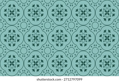 Patrón floral geométrico verde sin costuras con motivos de baldosas circulares y Elementos botánicos. Perfecto para Fondos de pantalla, embalajes, impresiones textiles, papel de regalo y fondos digitales. Elegante, mini