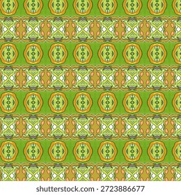 Padrão folclórico geométrico verde contínuo com simetria decorativa, ideal para têxteis, papéis de parede e fundos criativos. Palavras-chave douradas: padrão, sem emenda, geométrico, verde, decorativo.