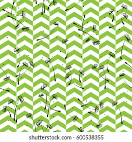 Seamless green geometric pattern with dandelions on the zigzags background. Can be used in textiles, for book design, website background.