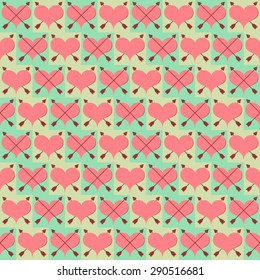 Seamless green geometric pattern with hearts, cross arrows and squares. Vector illustration