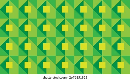 Padrão geométrico verde contínuo com quadrados e triângulos amarelos, fundo abstrato moderno inspirado pela natureza