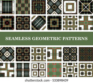 Seamless Green Geometric Patterns Set. Vector illustration
