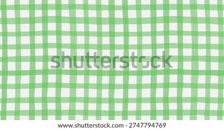 Seamless green gingham check pattern with soft watercolor texture. Hand painted plaid background in warm cheerful tones. Cute summer design for fabric, wallpaper, packaging, stationery, kitchen decor. Vector illustration.