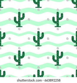 seamless green glitter cactus with silver polka dot pattern on green stripe background