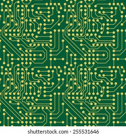 Seamless green and gold microchip pattern vector