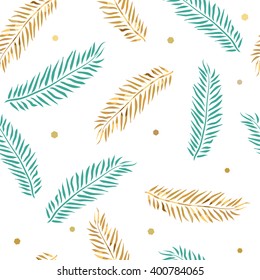 Seamless green and gold palm leaves pattern. Seamless pattern. Vector background.