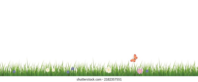 Seamless green grass border with colorful flowers and orange butterfly flat style, vector illustration on white background. Bright decorative design element, nature