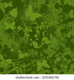 Seamless green grunge background with blots and butterflies. Vector illustration