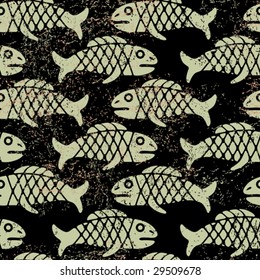 Seamless green grunge Mexican pattern with fish